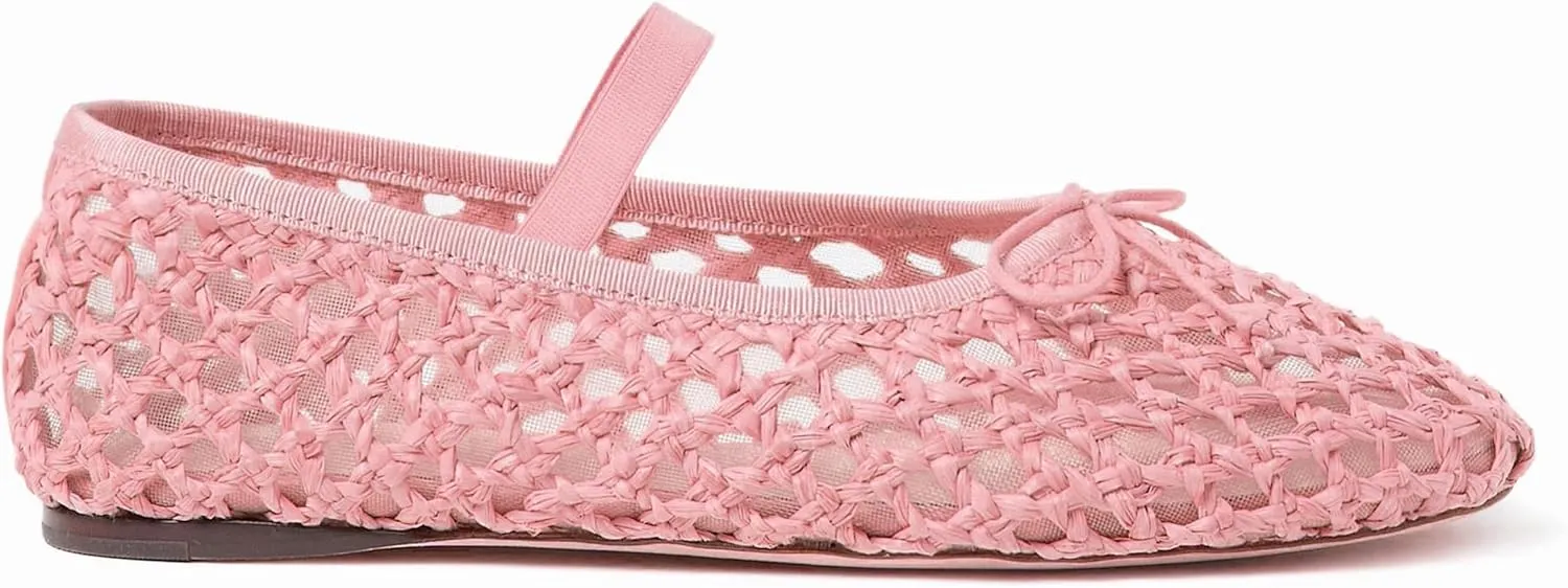 Arqa Women's Raffia Soft Ballet Flats Bow Tie Mesh Ballerina Shoes for Women Elastic Strap Braided Mary Jane Flat