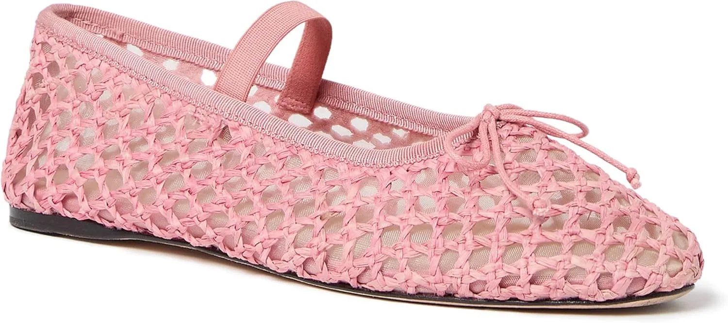 Arqa Women's Raffia Soft Ballet Flats Bow Tie Mesh Ballerina Shoes for Women Elastic Strap Braided Mary Jane Flat