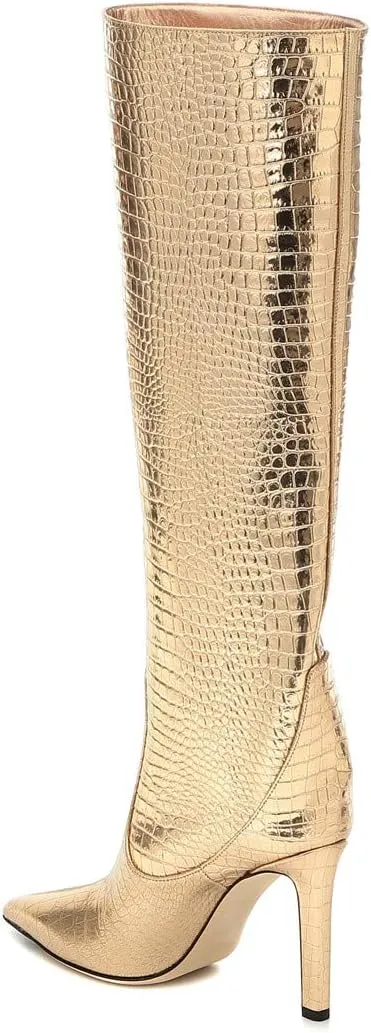 Arqa Women's Stiletto High Heel Knee High Boots Pointy Toe Faux Crocodile Print Boot Casual Dress Shoes
