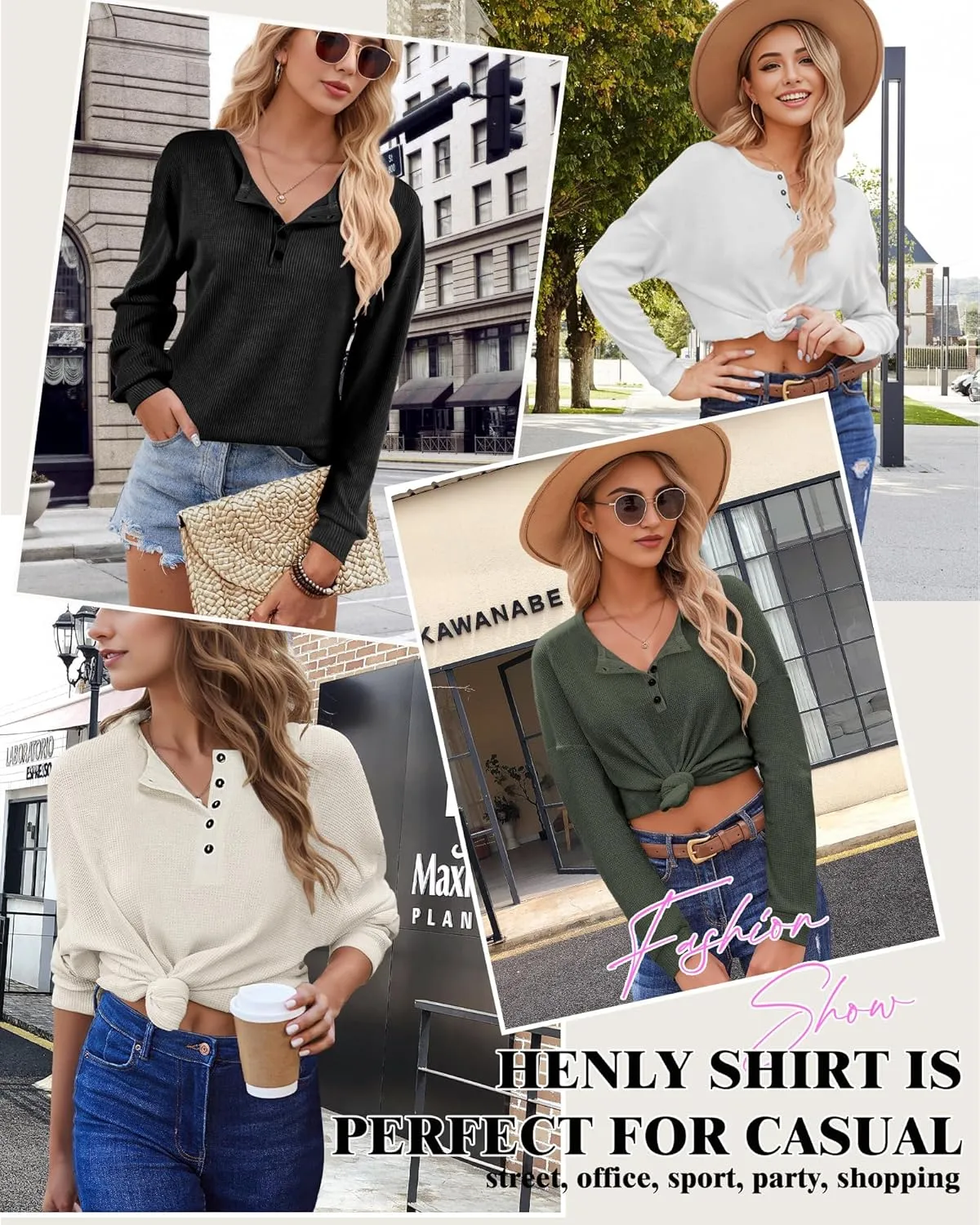 AURUZA Long Sleeve Shirts for Women Henley Shirts Waffle Knit Tops Casual Loose V Neck Tunic Tops Fall Outfits Waffle TShirt