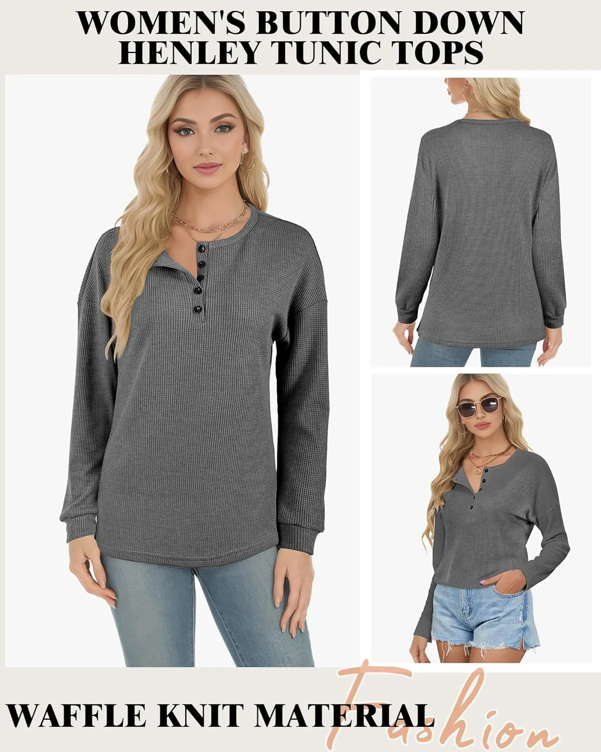 AURUZA Long Sleeve Shirts for Women Henley Shirts Waffle Knit Tops Casual Loose V Neck Tunic Tops Fall Outfits Waffle TShirt