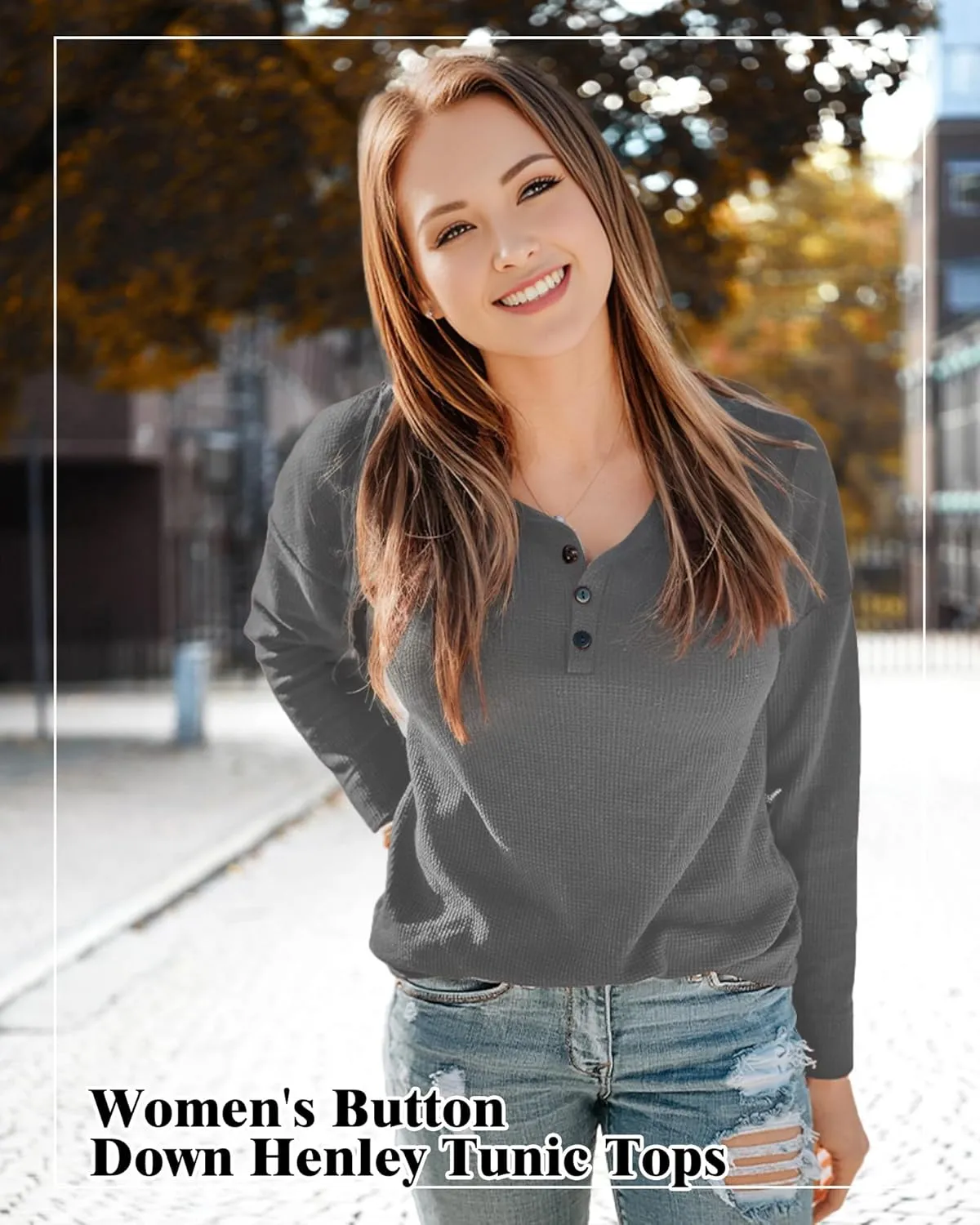 AURUZA Long Sleeve Shirts for Women Henley Shirts Waffle Knit Tops Casual Loose V Neck Tunic Tops Fall Outfits Waffle TShirt