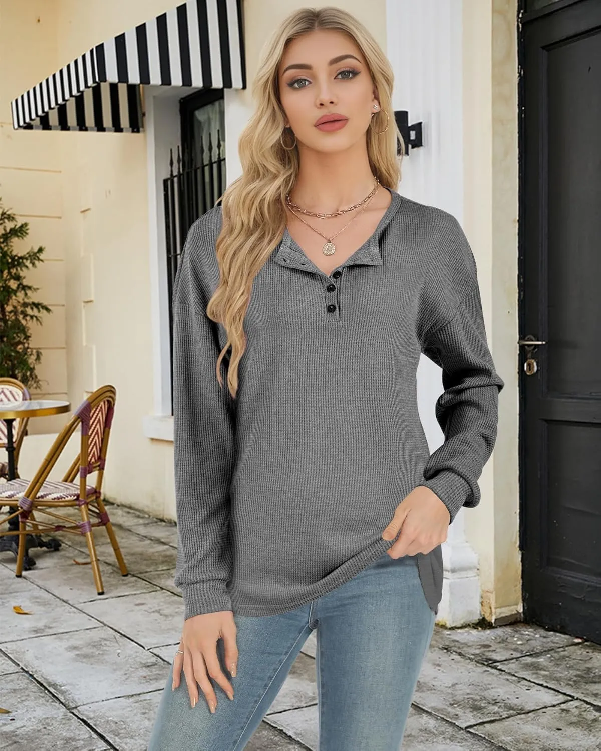 AURUZA Long Sleeve Shirts for Women Henley Shirts Waffle Knit Tops Casual Loose V Neck Tunic Tops Fall Outfits Waffle TShirt
