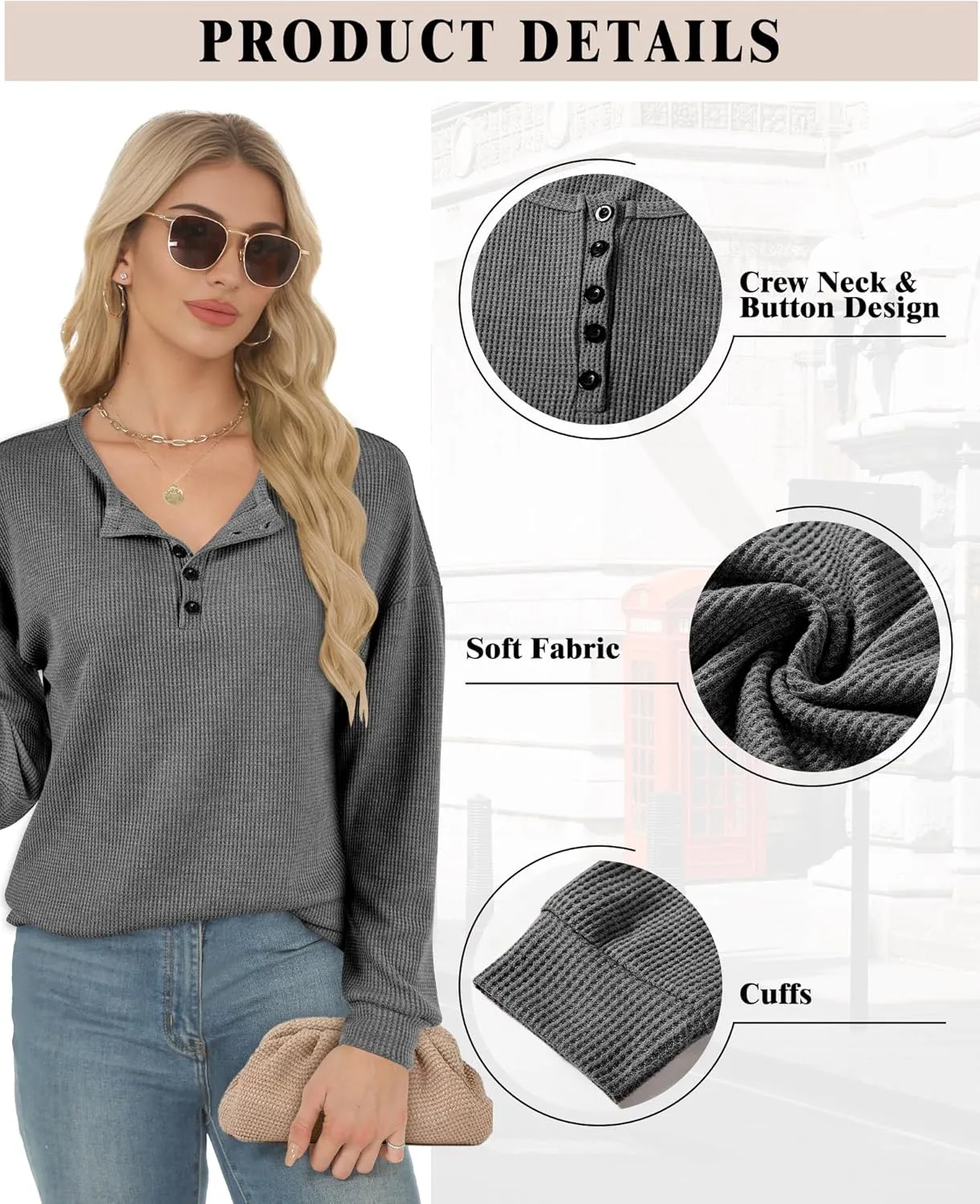 AURUZA Long Sleeve Shirts for Women Henley Shirts Waffle Knit Tops Casual Loose V Neck Tunic Tops Fall Outfits Waffle TShirt