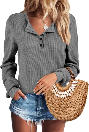 AURUZA Long Sleeve Shirts for Women Henley Shirts Waffle Knit Tops Casual Loose V Neck Tunic Tops Fall Outfits Waffle TShirt