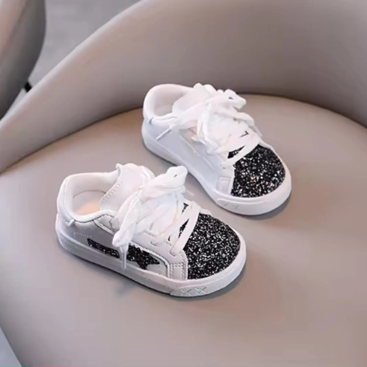 Baby Girls Shoes, Glitter Star Sneakers with Laces | Ages 2-5 y/o | Pink & Purple, Hot Pink, B&W