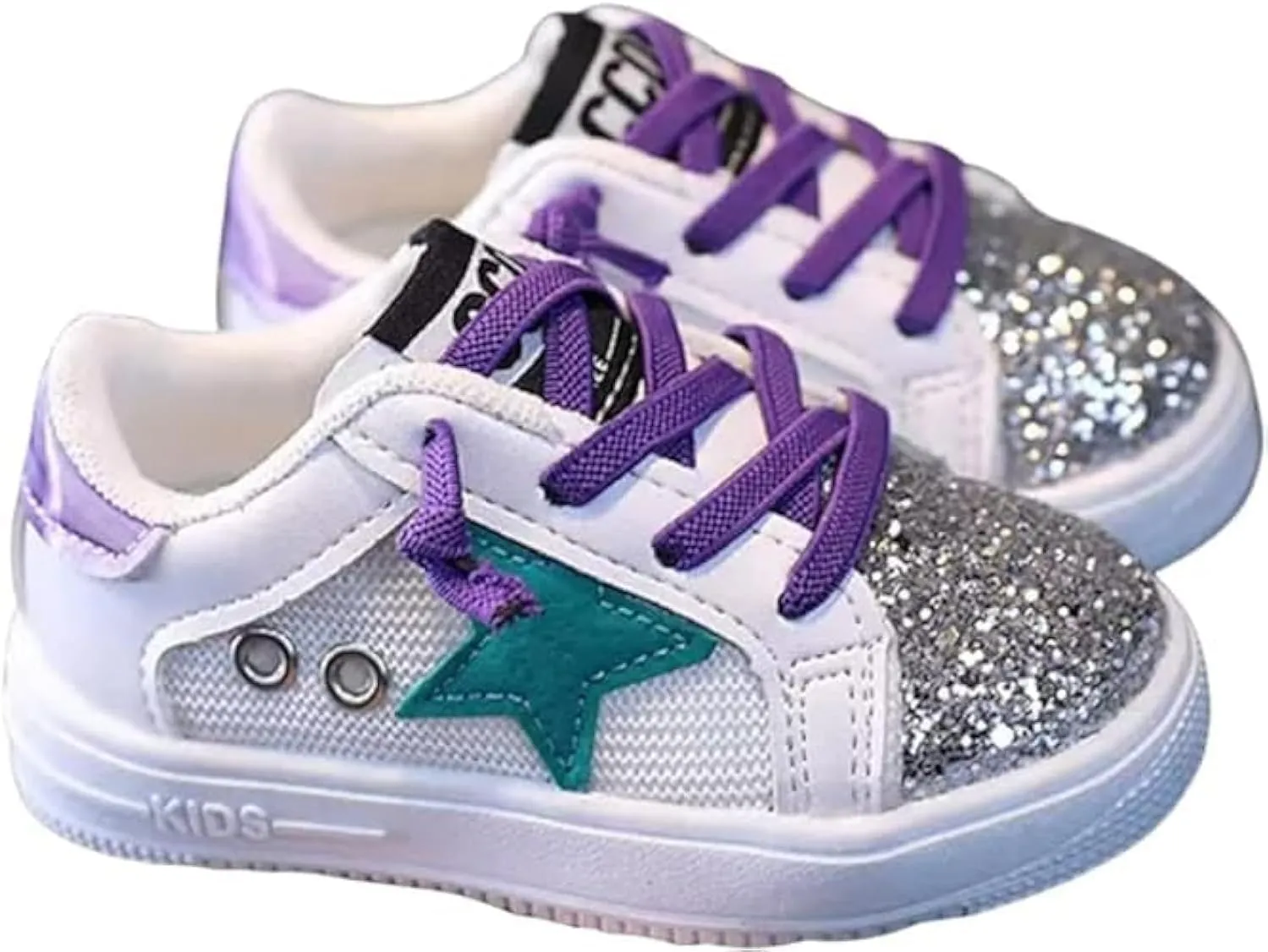 Baby Girls Shoes, Glitter Star Sneakers with Laces | Ages 2-5 y/o | Pink & Purple, Hot Pink, B&W