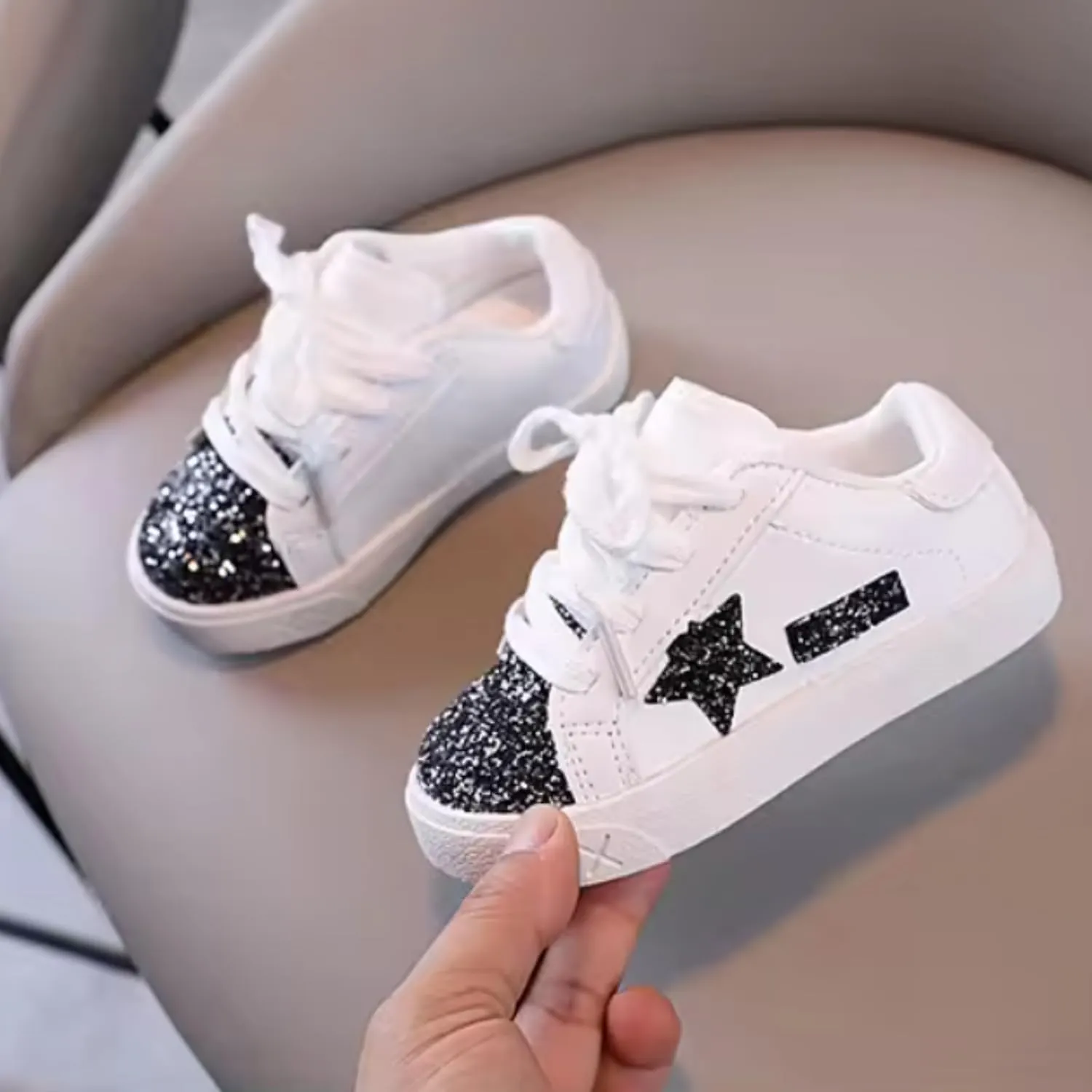 Baby Girls Shoes, Glitter Star Sneakers with Laces | Ages 2-5 y/o | Pink & Purple, Hot Pink, B&W