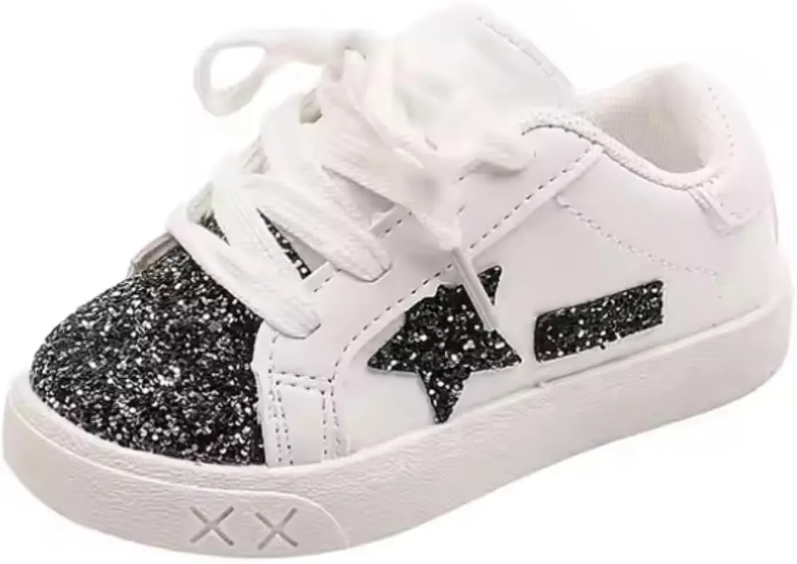 Baby Girls Shoes, Glitter Star Sneakers with Laces | Ages 2-5 y/o | Pink & Purple, Hot Pink, B&W