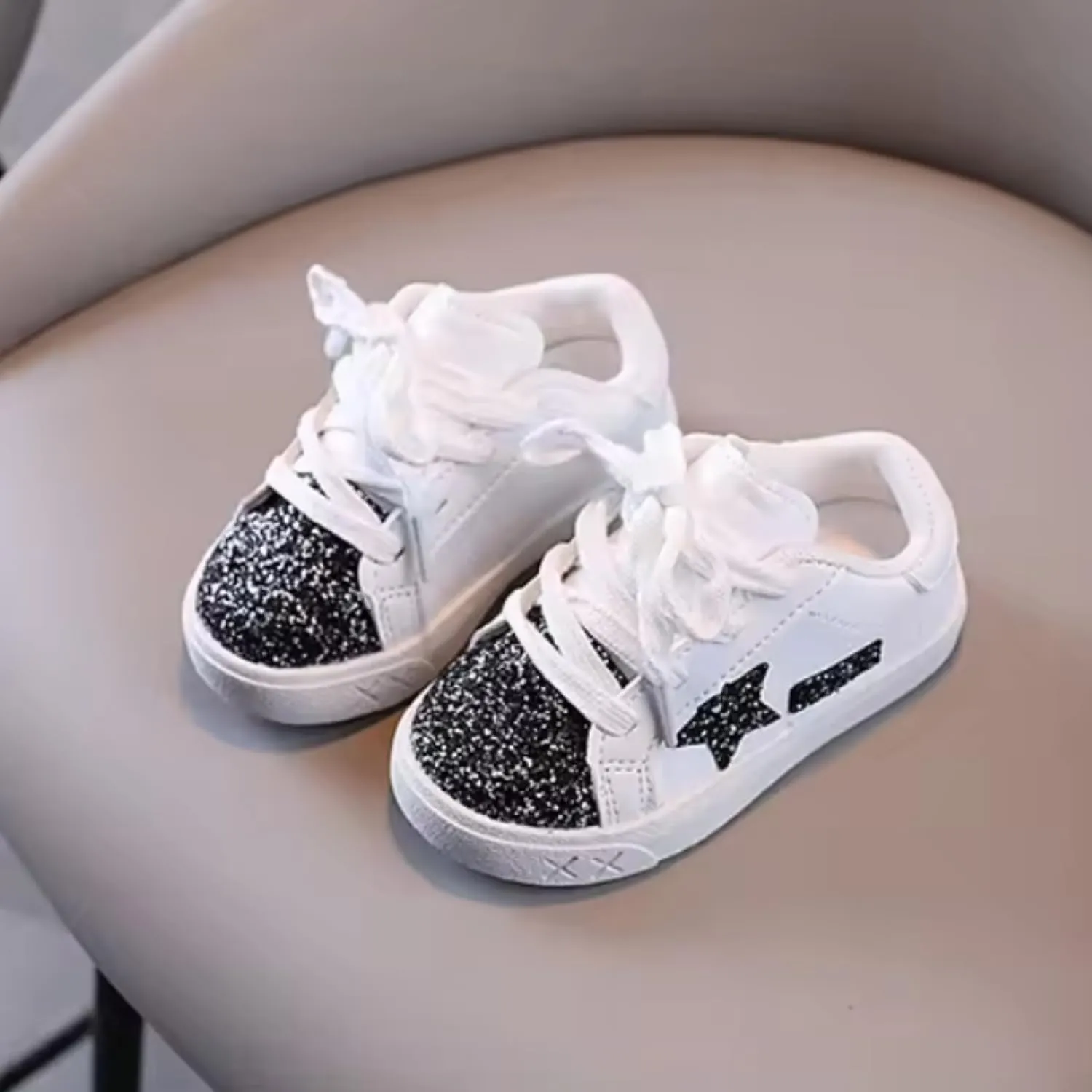 Baby Girls Shoes, Glitter Star Sneakers with Laces | Ages 2-5 y/o | Pink & Purple, Hot Pink, B&W