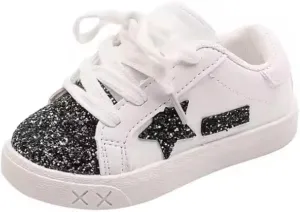 Baby Girls Shoes, Glitter Star Sneakers with Laces | Ages 2-5 y/o | Pink & Purple, Hot Pink, B&W