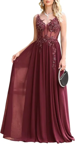 BABYONLINE D.R.E.S.S. Women's Bridesmaid Dresses Handmade Appliques V Neck Elegant Chiffon Wedding Guest Dresses 3038