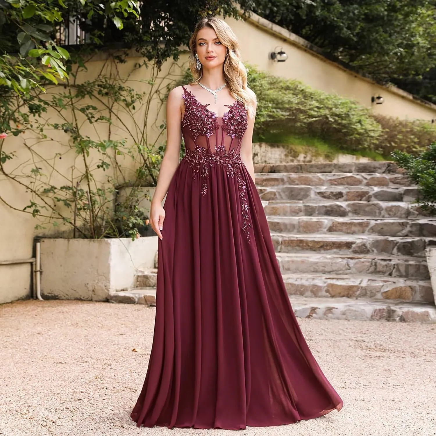 BABYONLINE D.R.E.S.S. Women's Bridesmaid Dresses Handmade Appliques V Neck Elegant Chiffon Wedding Guest Dresses 3038