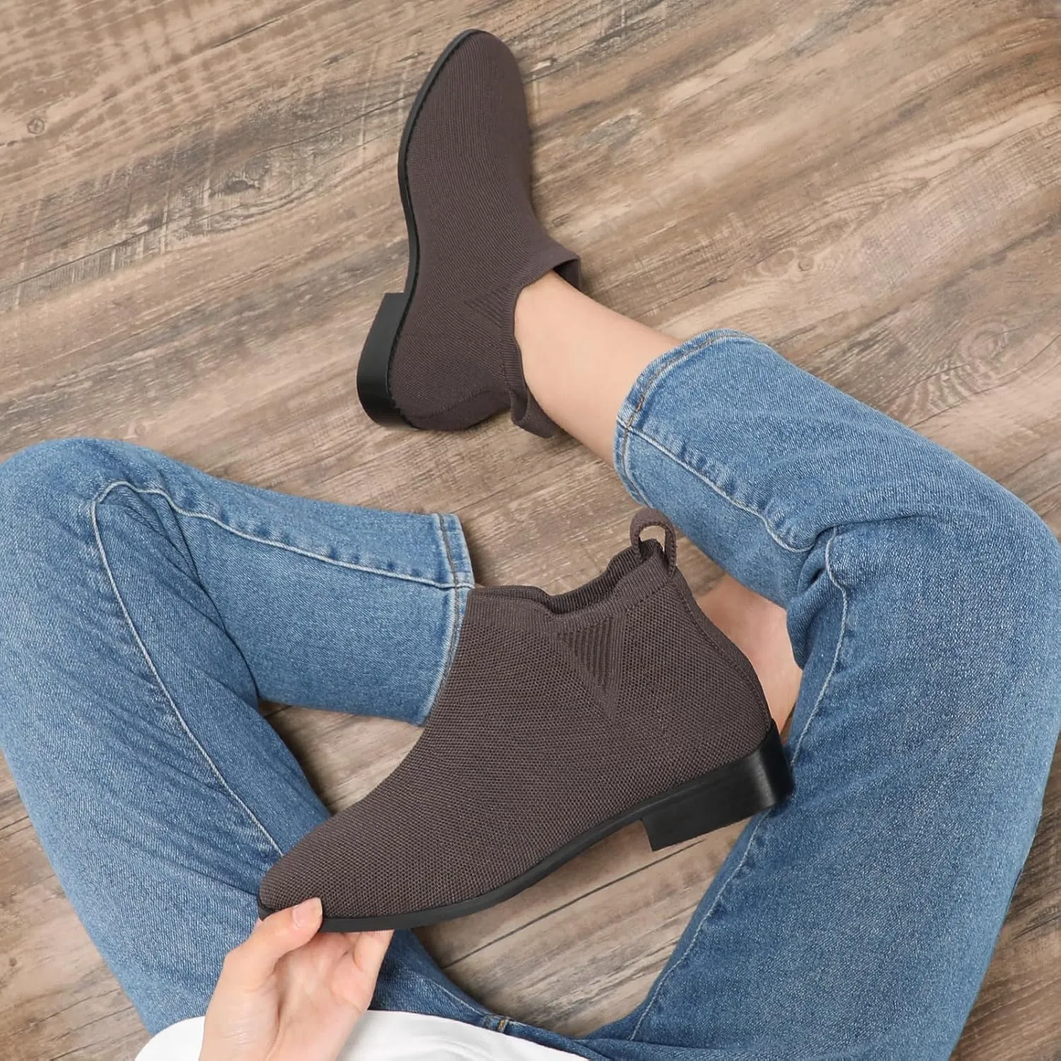 Bacia Sock Ankle Boots for Women Square Toe Slip on Short Chelsea Boots Low Heel Fall Booties