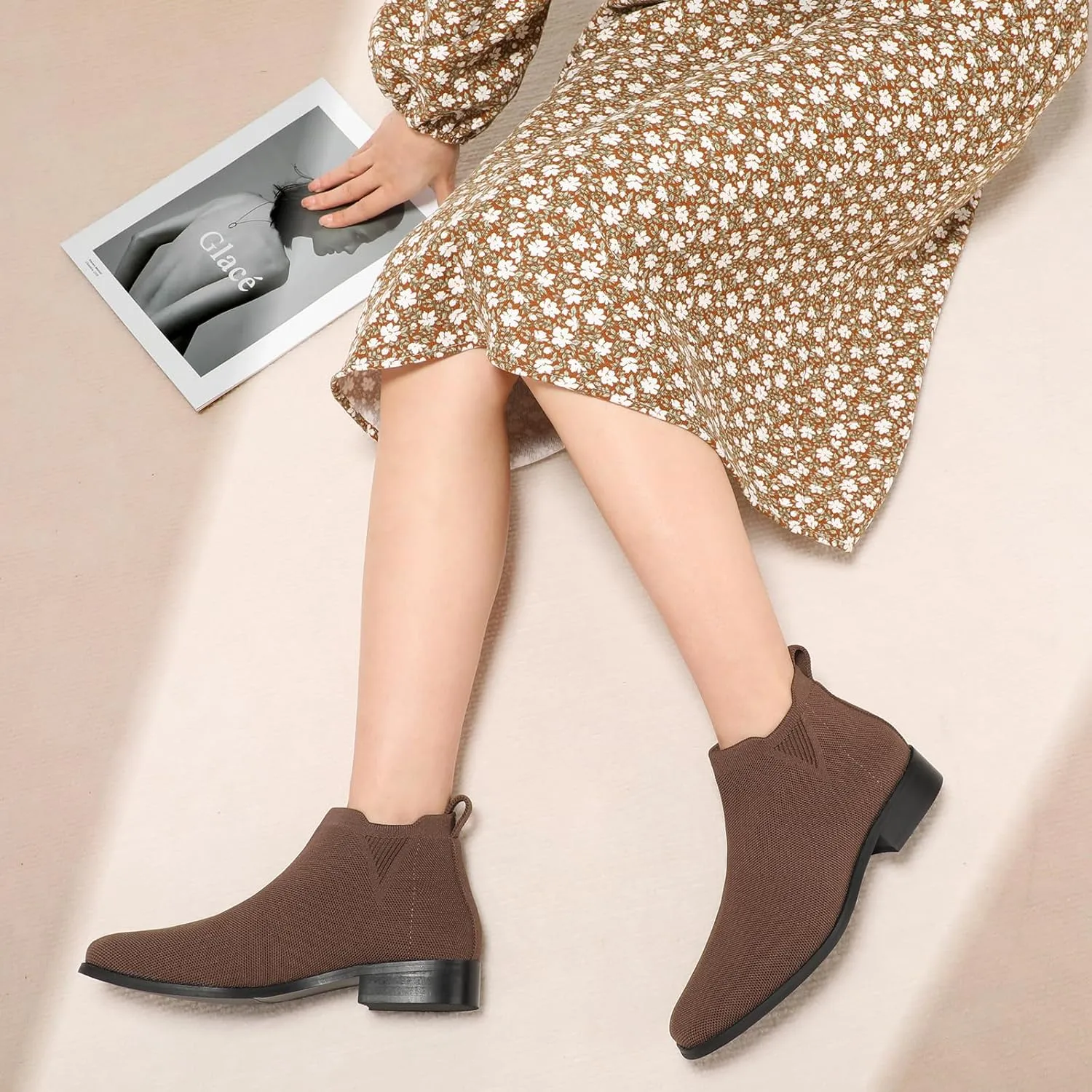 Bacia Sock Ankle Boots for Women Square Toe Slip on Short Chelsea Boots Low Heel Fall Booties