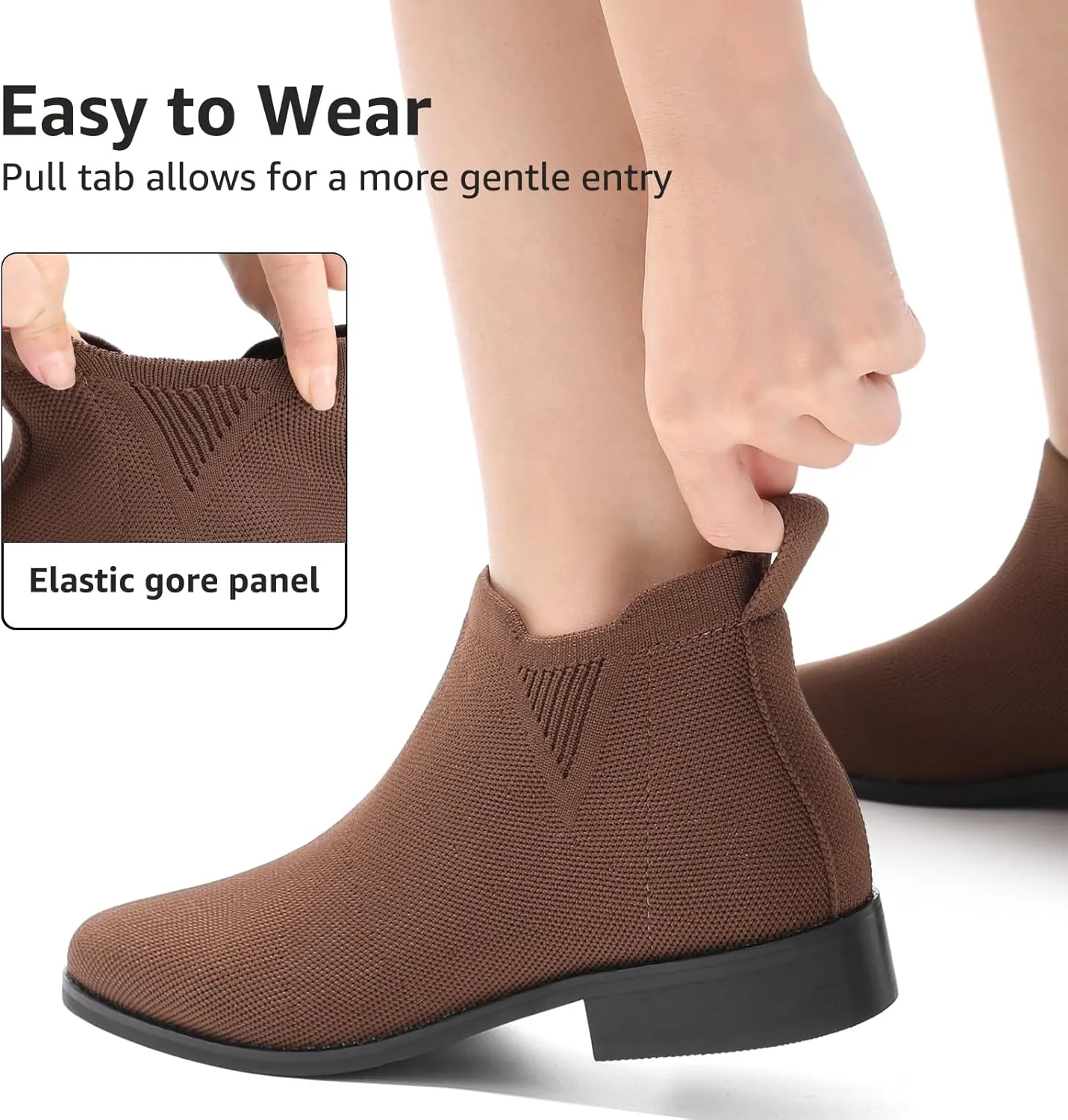 Bacia Sock Ankle Boots for Women Square Toe Slip on Short Chelsea Boots Low Heel Fall Booties