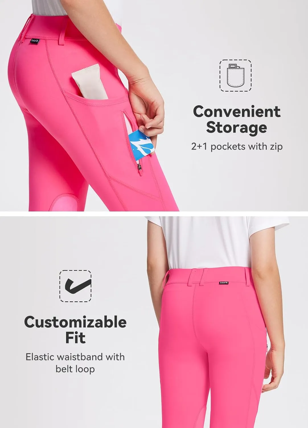 baleaf Girls Riding Pants Kids Equestrian Breeches Knee-Patch Zip Pocket Horseback Tights