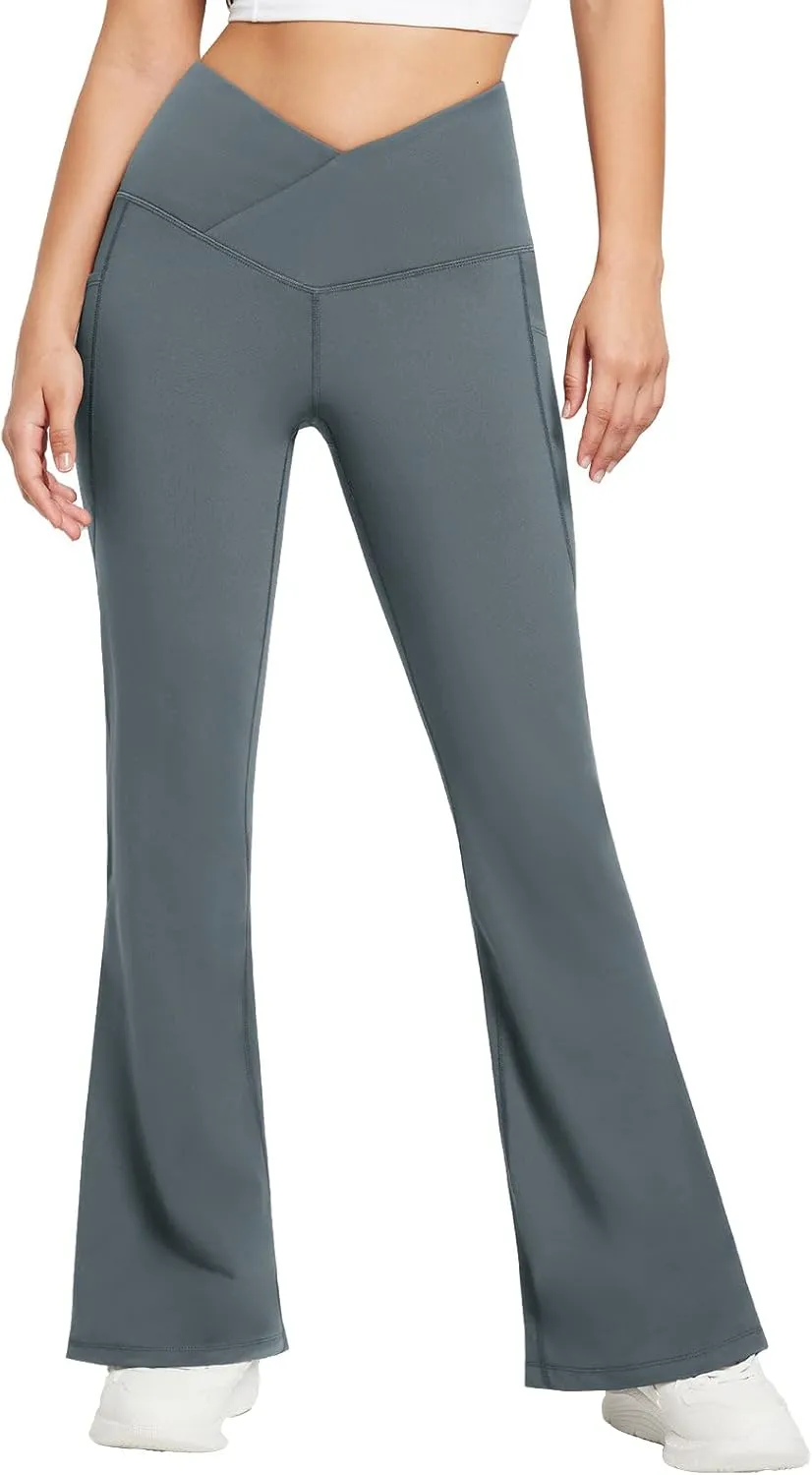 baleaf Women's Fleece Lined Pants Winter Thermal Warm Flare Leggings Crossover Yoga Pants Bell Bottom with Pockets
