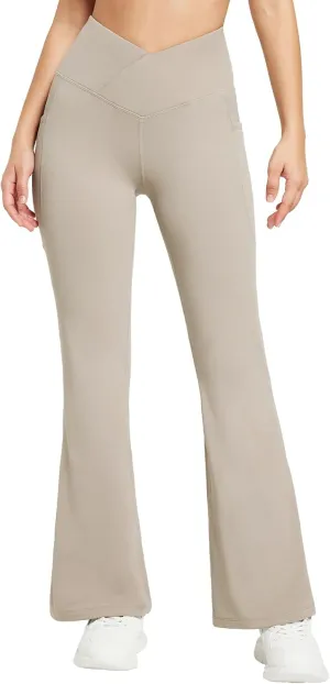 baleaf Women's Fleece Lined Pants Winter Thermal Warm Flare Leggings Crossover Yoga Pants Bell Bottom with Pockets