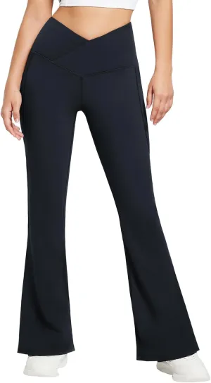 baleaf Women's Fleece Lined Pants Winter Thermal Warm Flare Leggings Crossover Yoga Pants Bell Bottom with Pockets