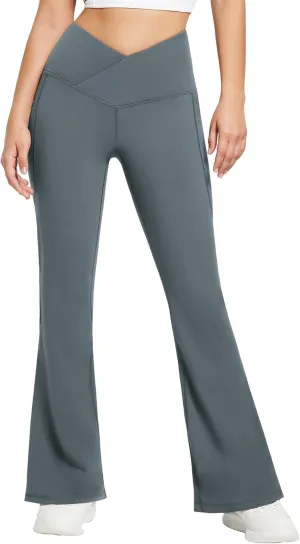baleaf Women's Fleece Lined Pants Winter Thermal Warm Flare Leggings Crossover Yoga Pants Bell Bottom with Pockets