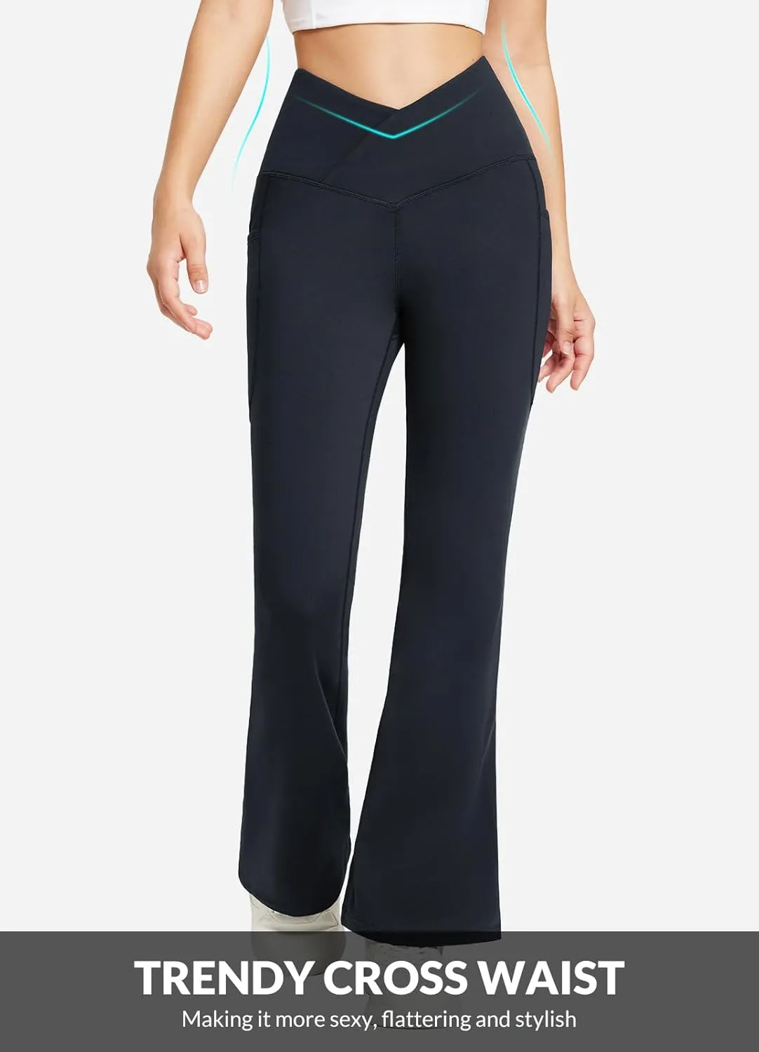 baleaf Women's Fleece Lined Pants Winter Thermal Warm Flare Leggings Crossover Yoga Pants Bell Bottom with Pockets