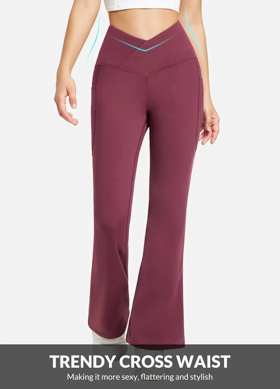 baleaf Women's Fleece Lined Pants Winter Thermal Warm Flare Leggings Crossover Yoga Pants Bell Bottom with Pockets