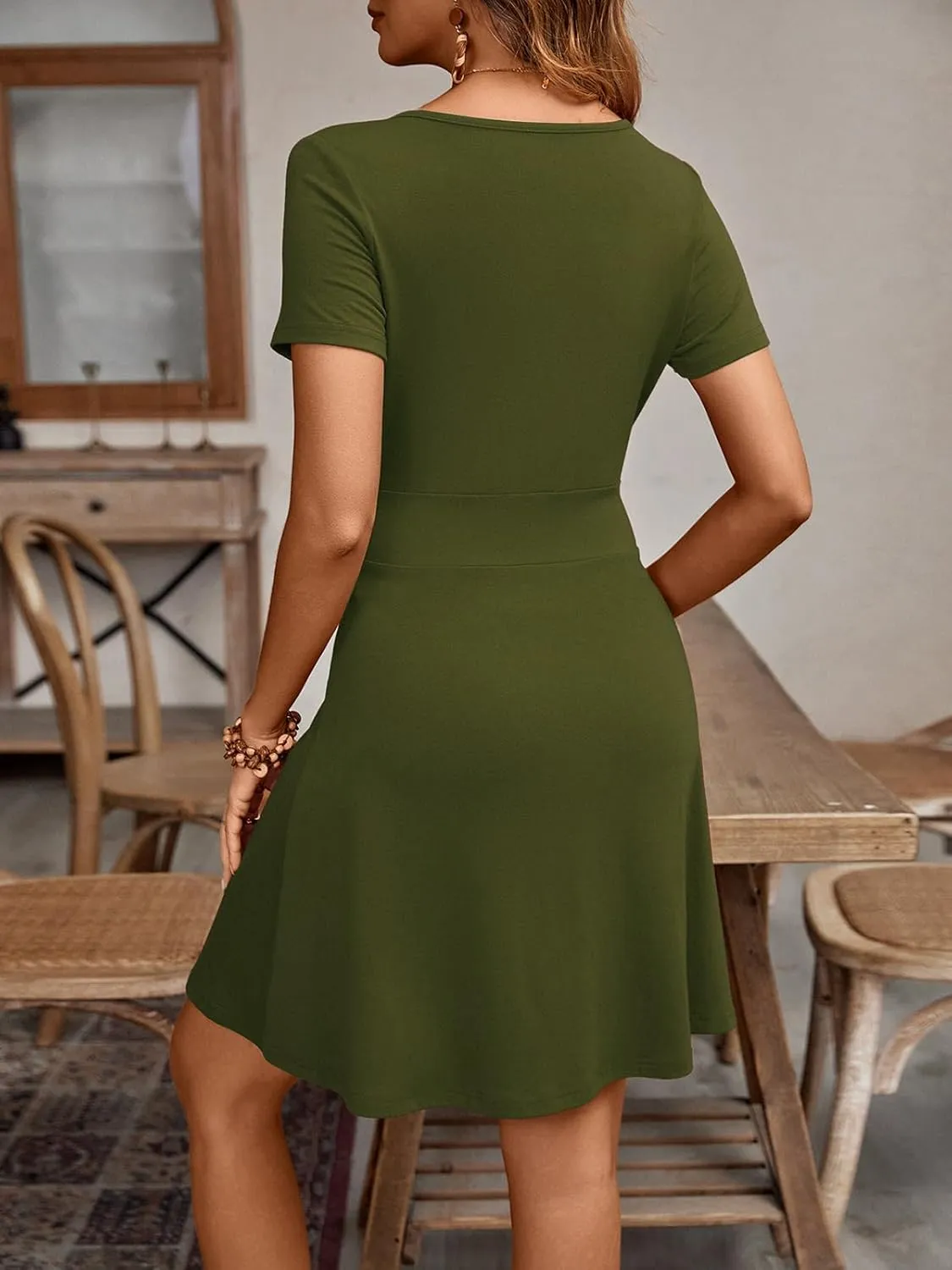 BARASA Women's Elegant Deep V Neck Short Sleeve A-Line Swing Casual Party Dresses S620
