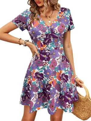 BARASA Women's Elegant Deep V Neck Short Sleeve A-Line Swing Casual Party Dresses S620
