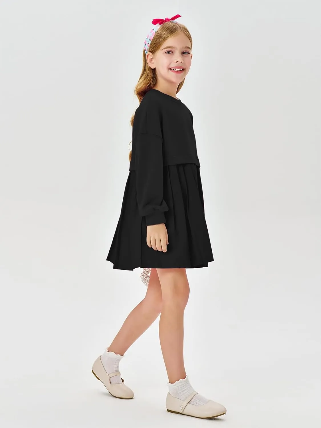Batermoon Girls Pleated Sweatshirt Dresses Kids Fashion Long Sleeve Crew Neck Mini Dress 5-14 Years