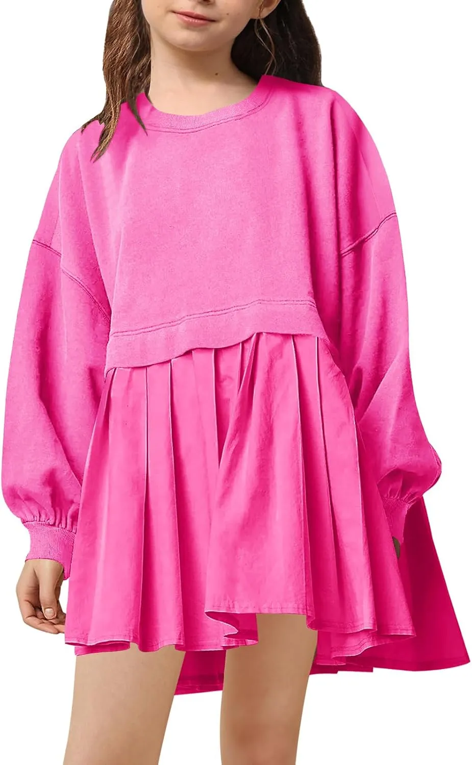 Batermoon Girls Pleated Sweatshirt Dresses Kids Fashion Long Sleeve Crew Neck Mini Dress 5-14 Years