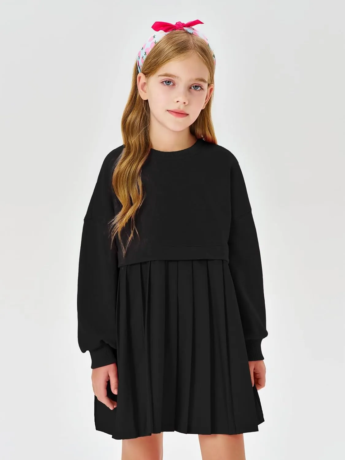 Batermoon Girls Pleated Sweatshirt Dresses Kids Fashion Long Sleeve Crew Neck Mini Dress 5-14 Years