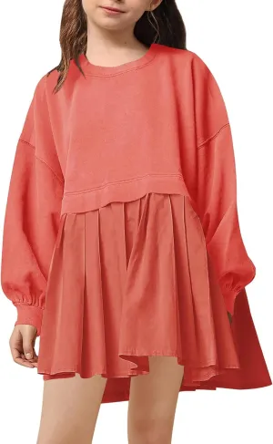 Batermoon Girls Pleated Sweatshirt Dresses Kids Fashion Long Sleeve Crew Neck Mini Dress 5-14 Years