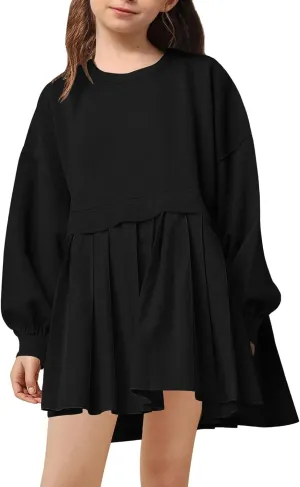 Batermoon Girls Pleated Sweatshirt Dresses Kids Fashion Long Sleeve Crew Neck Mini Dress 5-14 Years