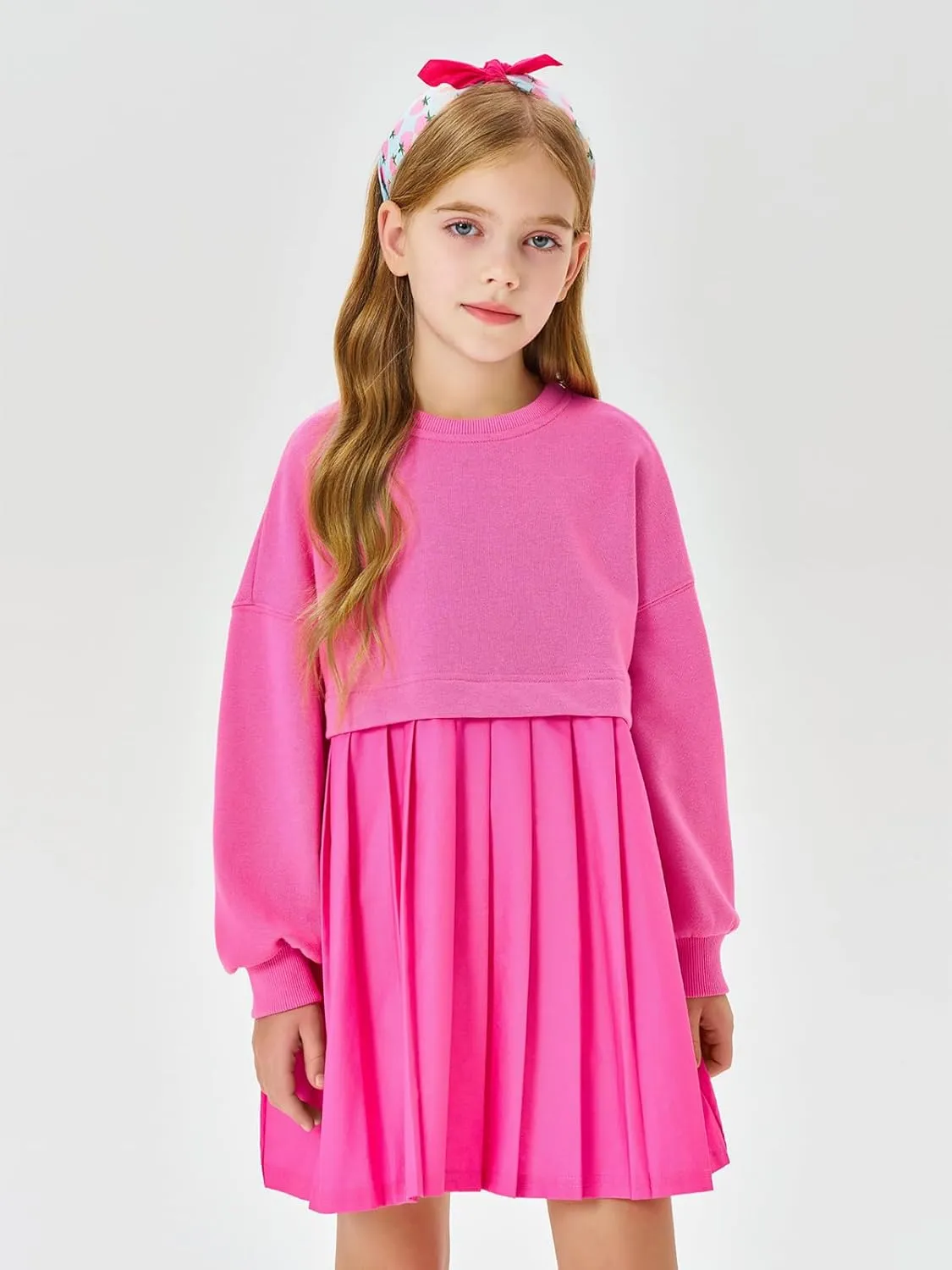 Batermoon Girls Pleated Sweatshirt Dresses Kids Fashion Long Sleeve Crew Neck Mini Dress 5-14 Years