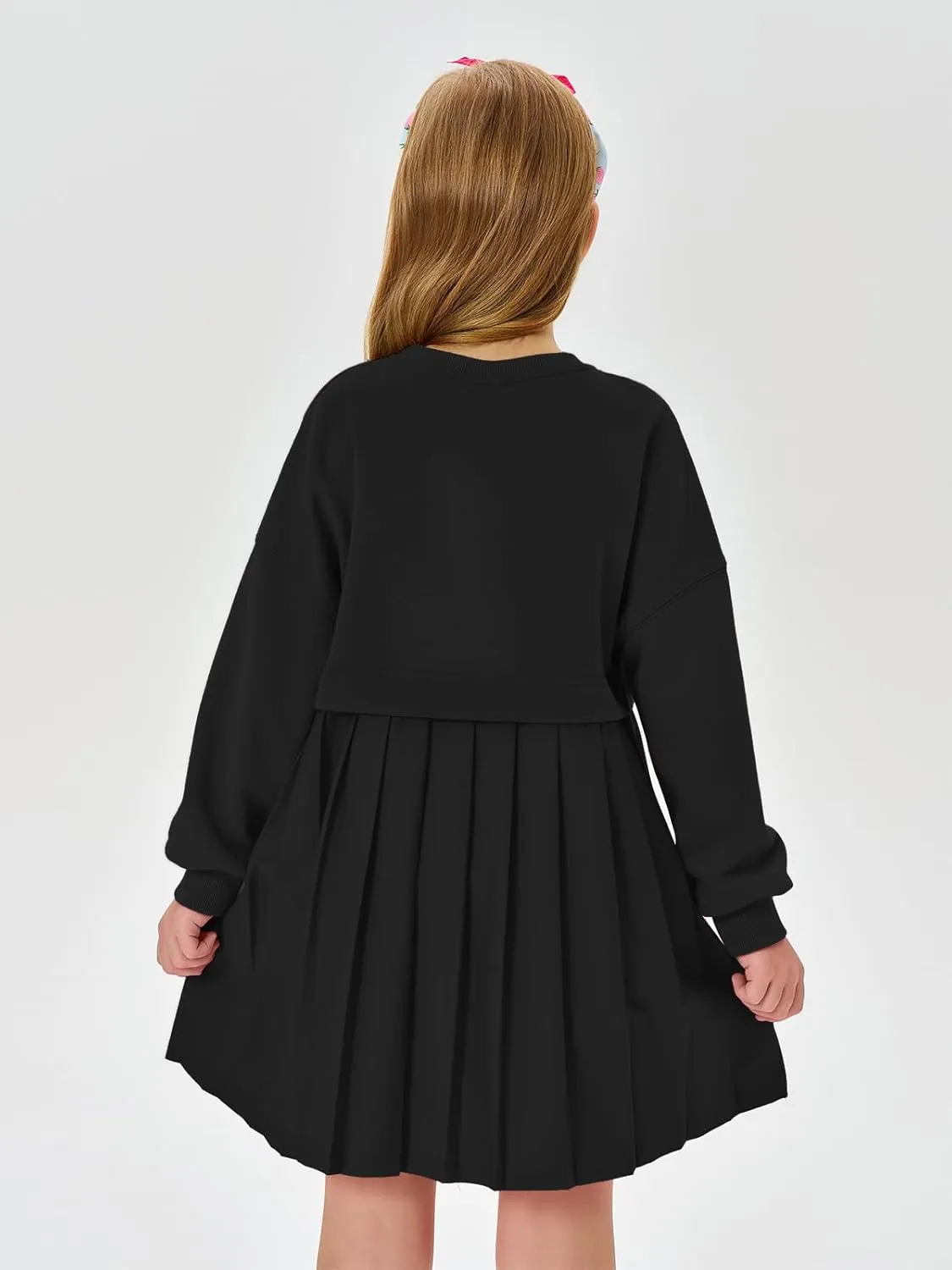 Batermoon Girls Pleated Sweatshirt Dresses Kids Fashion Long Sleeve Crew Neck Mini Dress 5-14 Years