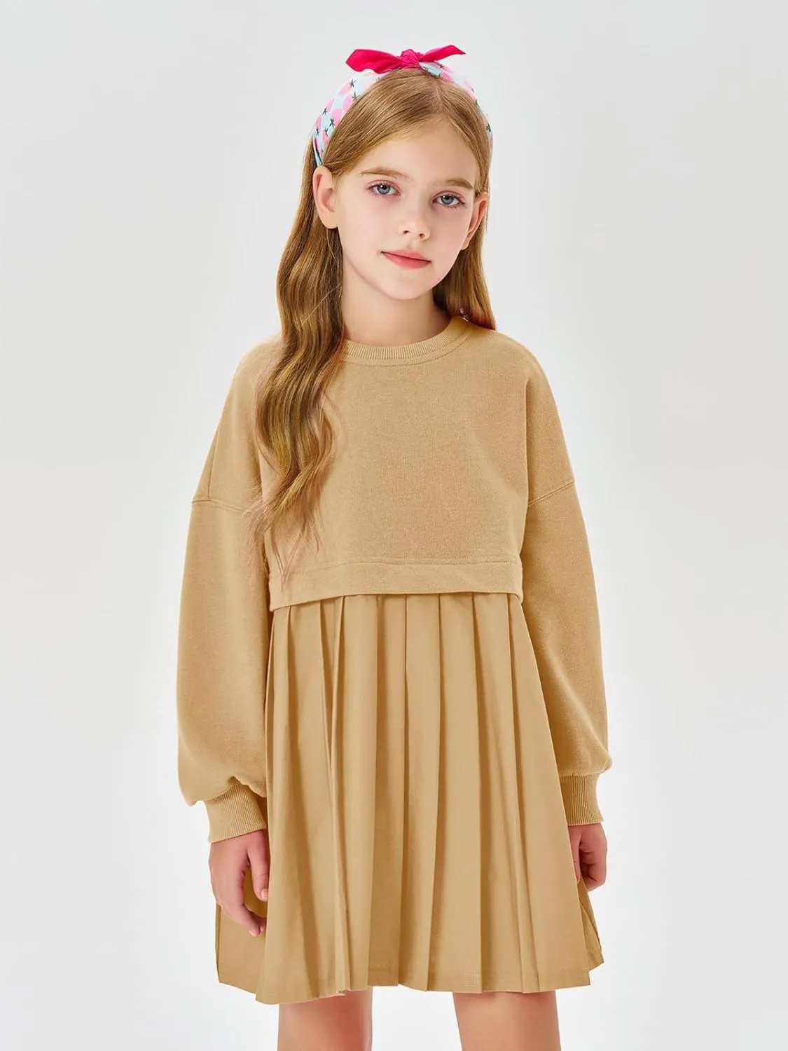Batermoon Girls Pleated Sweatshirt Dresses Kids Fashion Long Sleeve Crew Neck Mini Dress 5-14 Years