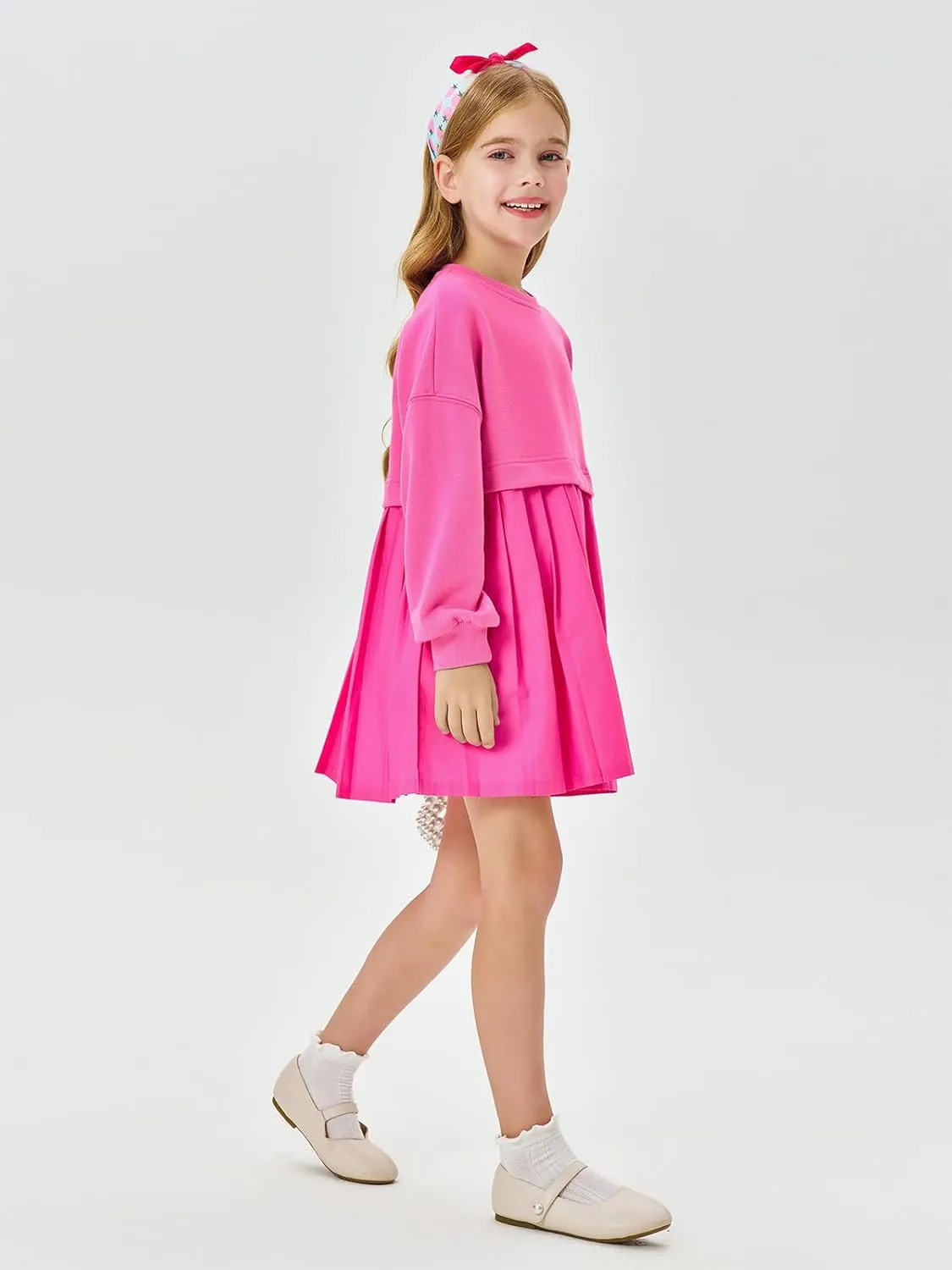 Batermoon Girls Pleated Sweatshirt Dresses Kids Fashion Long Sleeve Crew Neck Mini Dress 5-14 Years