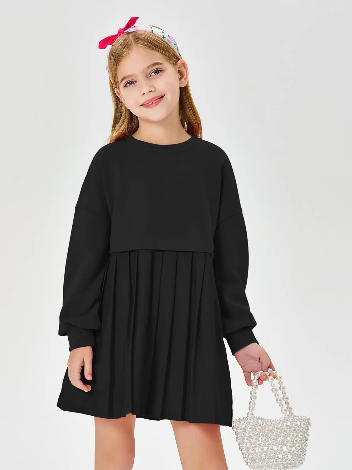 Batermoon Girls Pleated Sweatshirt Dresses Kids Fashion Long Sleeve Crew Neck Mini Dress 5-14 Years