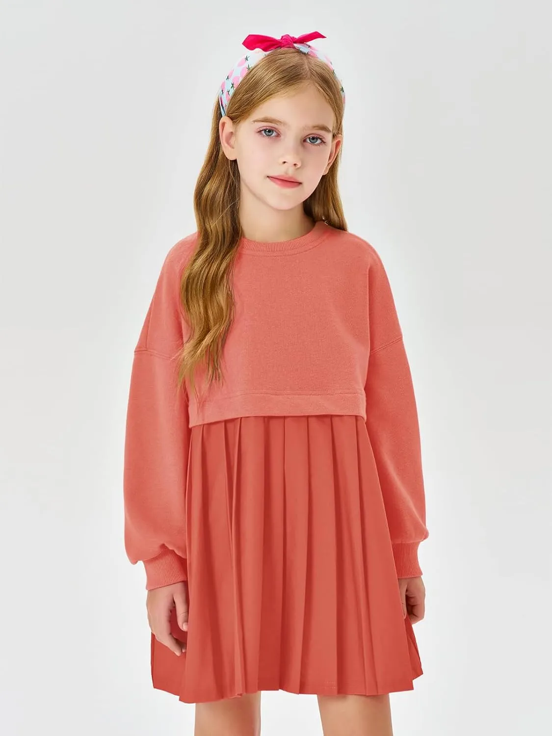Batermoon Girls Pleated Sweatshirt Dresses Kids Fashion Long Sleeve Crew Neck Mini Dress 5-14 Years