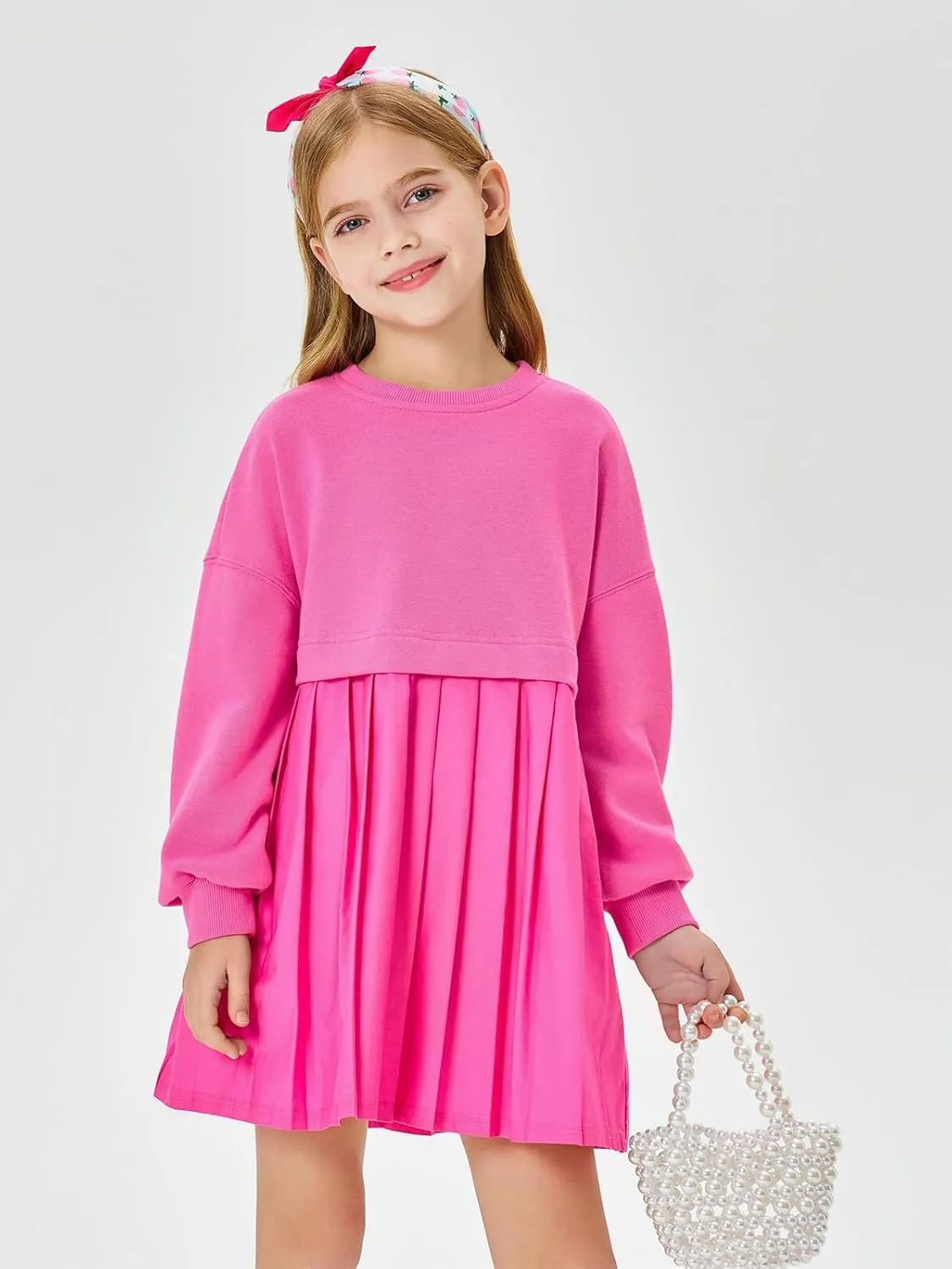 Batermoon Girls Pleated Sweatshirt Dresses Kids Fashion Long Sleeve Crew Neck Mini Dress 5-14 Years
