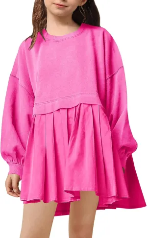 Batermoon Girls Pleated Sweatshirt Dresses Kids Fashion Long Sleeve Crew Neck Mini Dress 5-14 Years