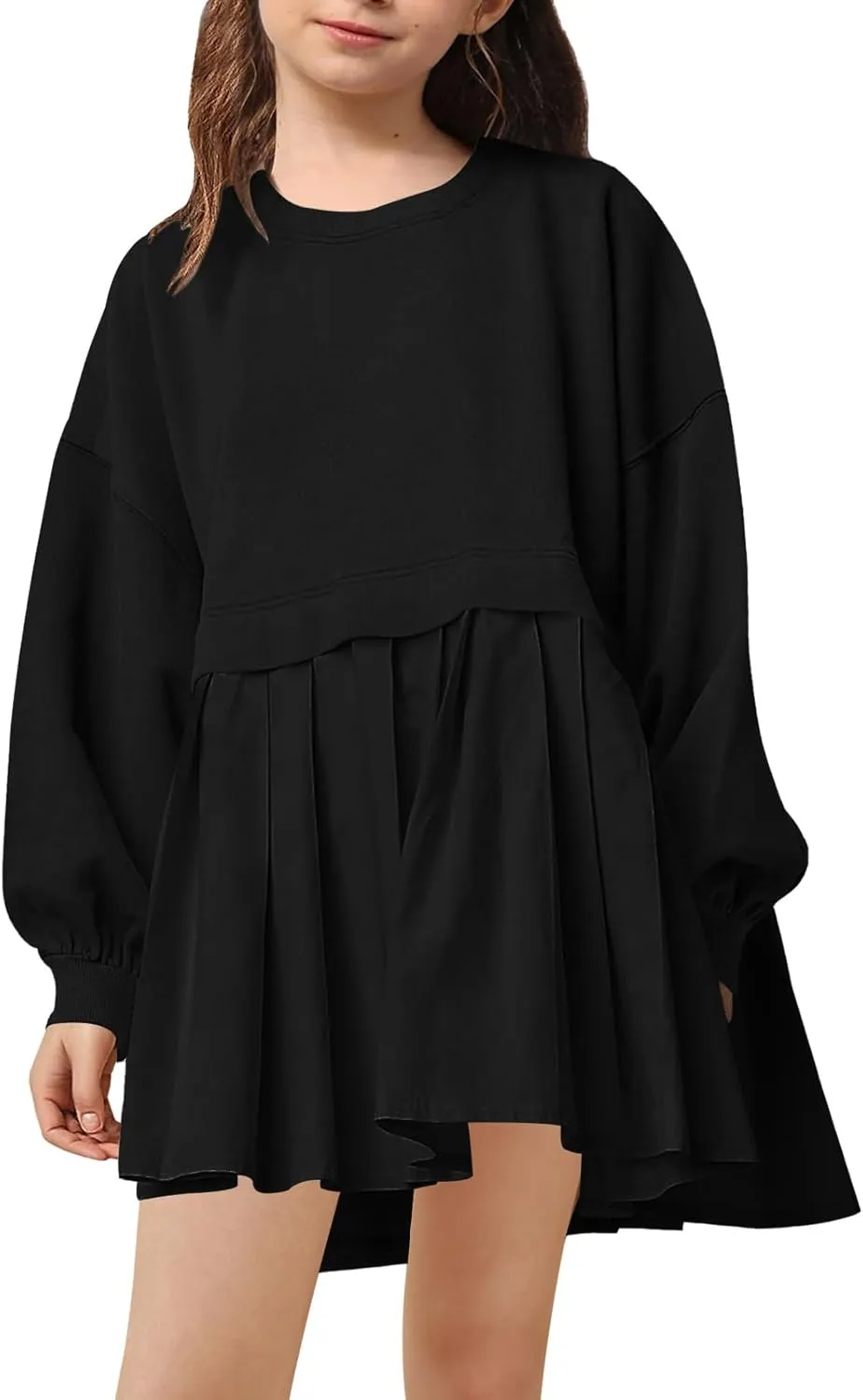 Batermoon Girls Pleated Sweatshirt Dresses Kids Fashion Long Sleeve Crew Neck Mini Dress 5-14 Years