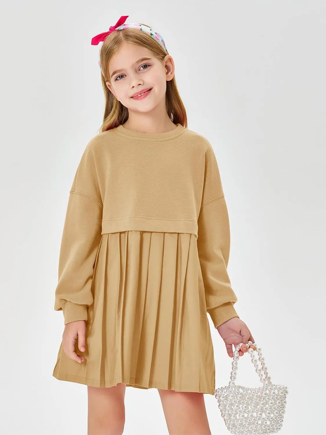 Batermoon Girls Pleated Sweatshirt Dresses Kids Fashion Long Sleeve Crew Neck Mini Dress 5-14 Years