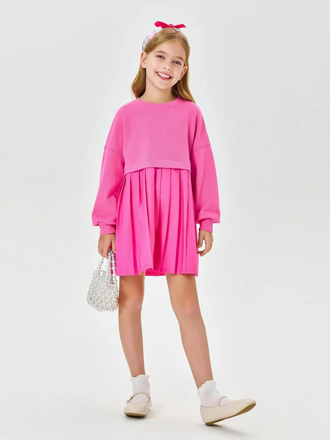 Batermoon Girls Pleated Sweatshirt Dresses Kids Fashion Long Sleeve Crew Neck Mini Dress 5-14 Years