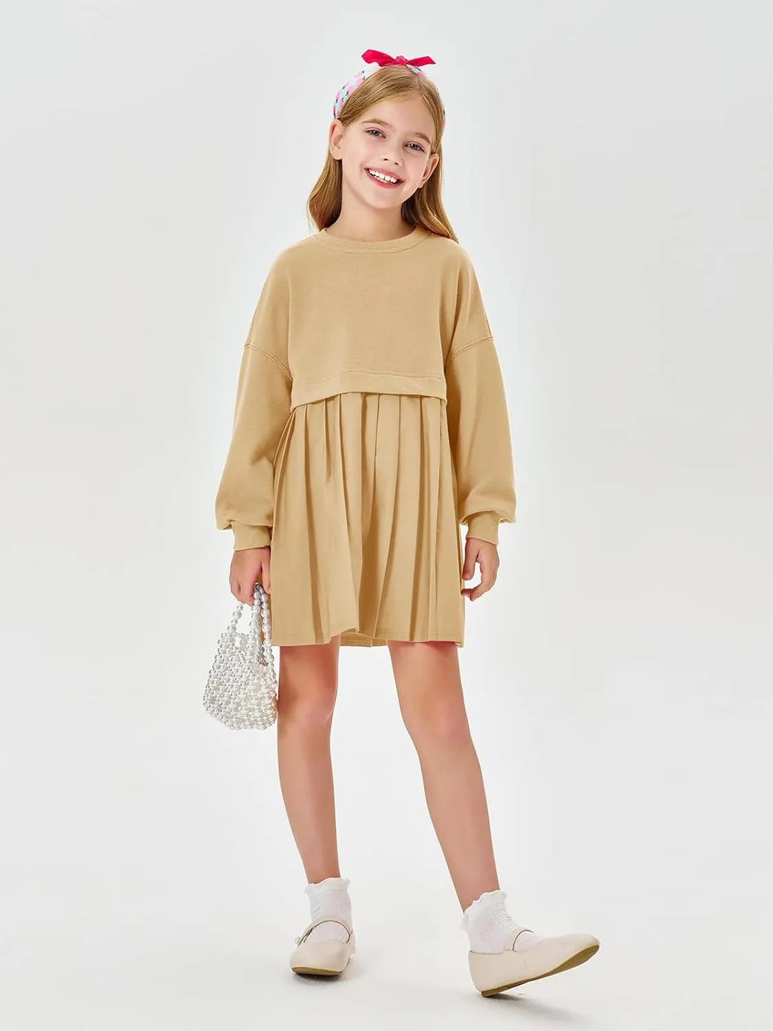 Batermoon Girls Pleated Sweatshirt Dresses Kids Fashion Long Sleeve Crew Neck Mini Dress 5-14 Years