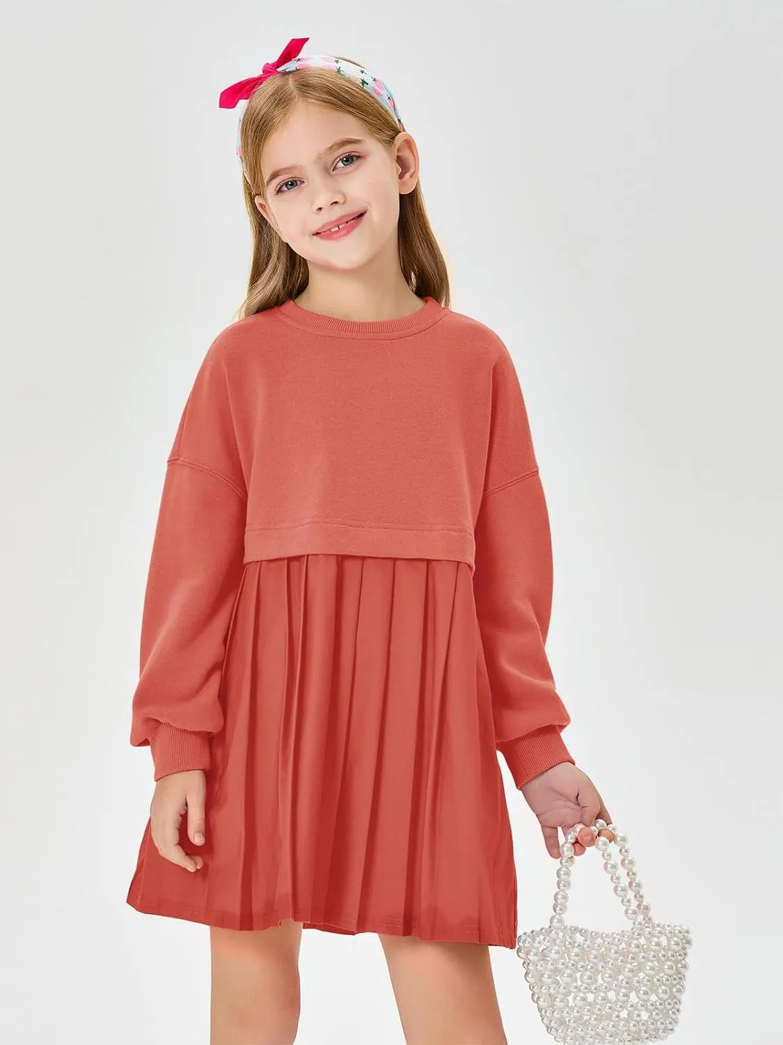 Batermoon Girls Pleated Sweatshirt Dresses Kids Fashion Long Sleeve Crew Neck Mini Dress 5-14 Years
