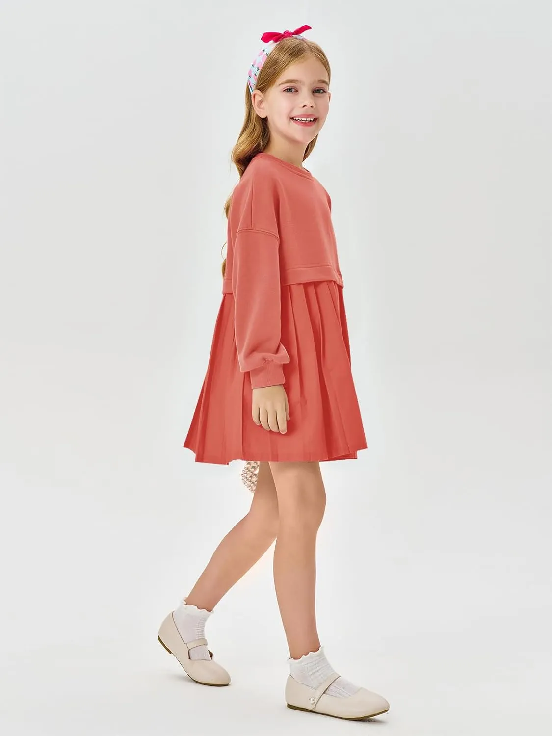 Batermoon Girls Pleated Sweatshirt Dresses Kids Fashion Long Sleeve Crew Neck Mini Dress 5-14 Years