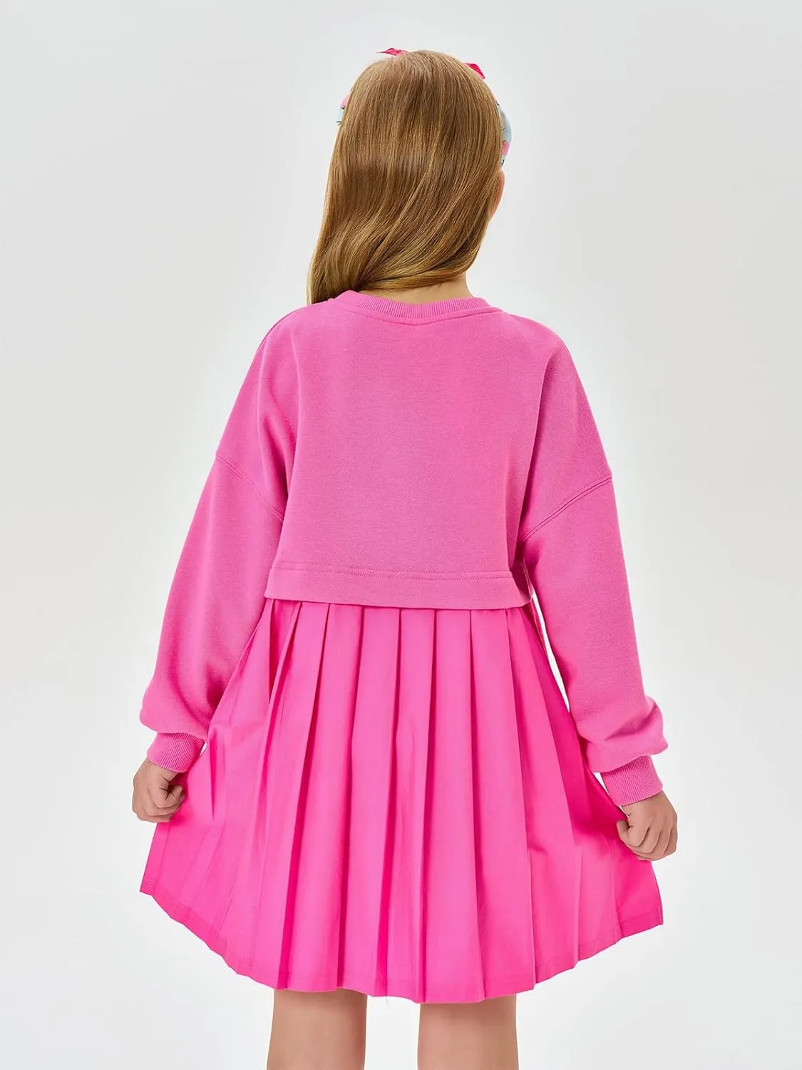 Batermoon Girls Pleated Sweatshirt Dresses Kids Fashion Long Sleeve Crew Neck Mini Dress 5-14 Years
