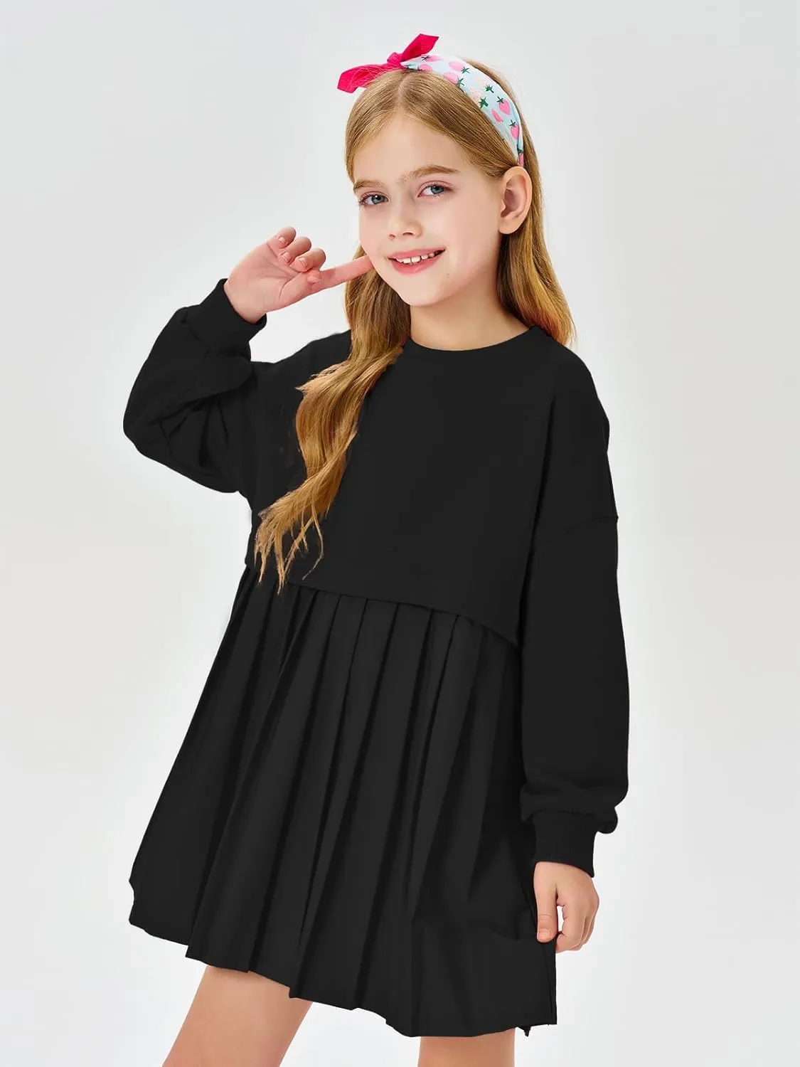 Batermoon Girls Pleated Sweatshirt Dresses Kids Fashion Long Sleeve Crew Neck Mini Dress 5-14 Years